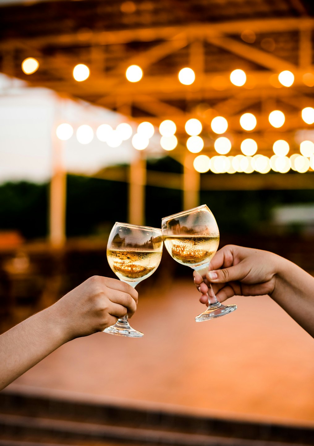 Two people clink wine glasses filled with sparkling wine.